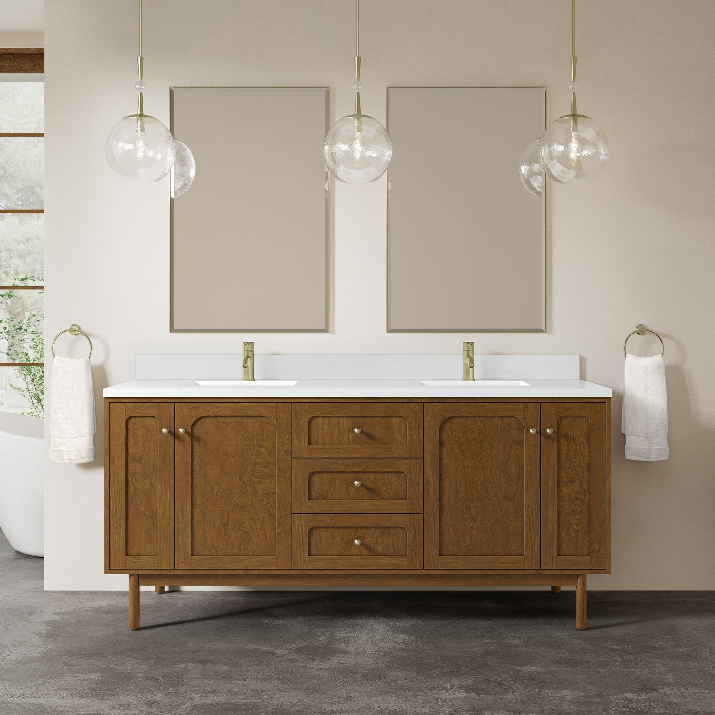James Martin Laurent 72" Double Vanity with Single Hole 3 CM White Zeus Silestone Top and Matching Backsplash