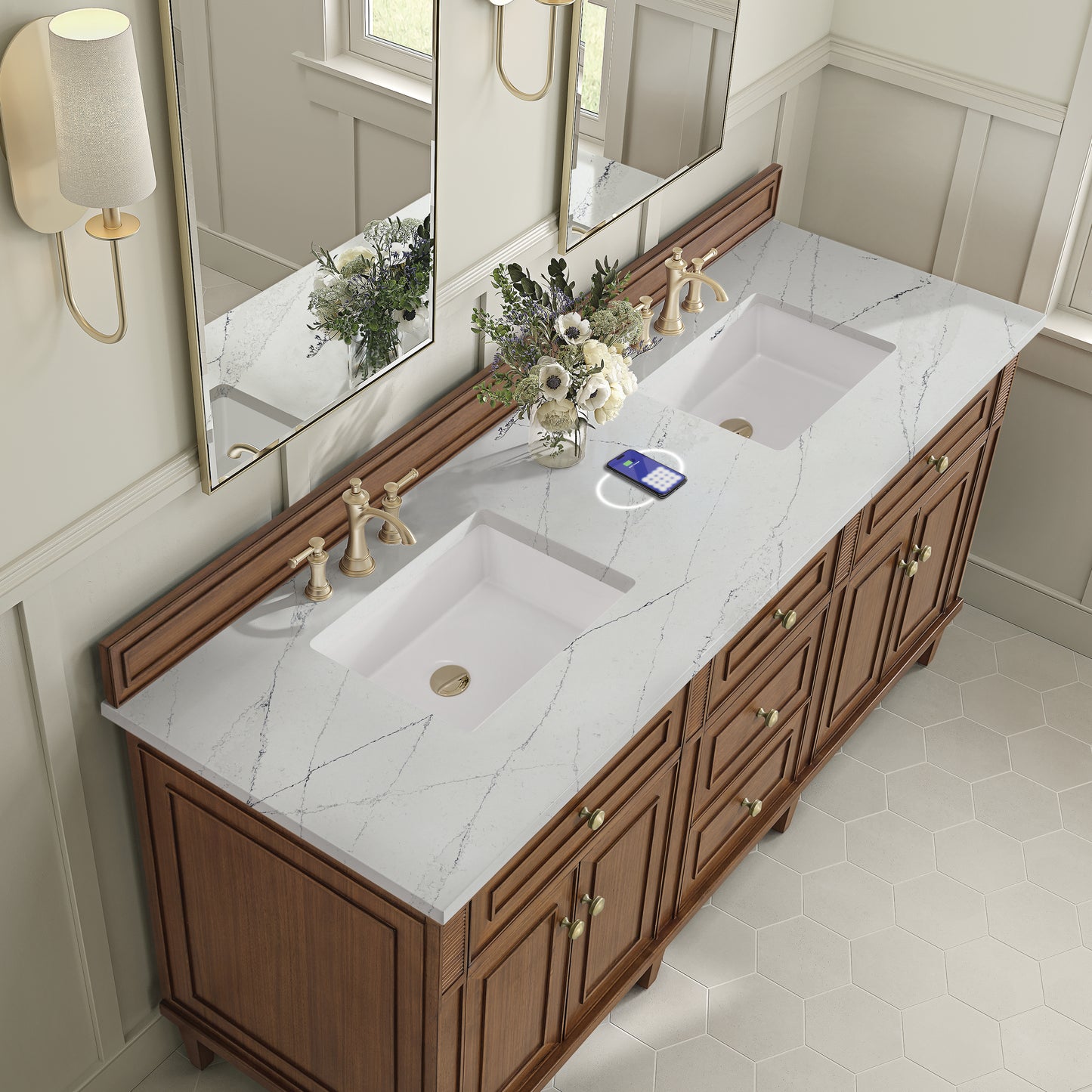 James Martin Lorelai 72" Double Vanity with 3 CM Countertop & FreePower Wireless Charger