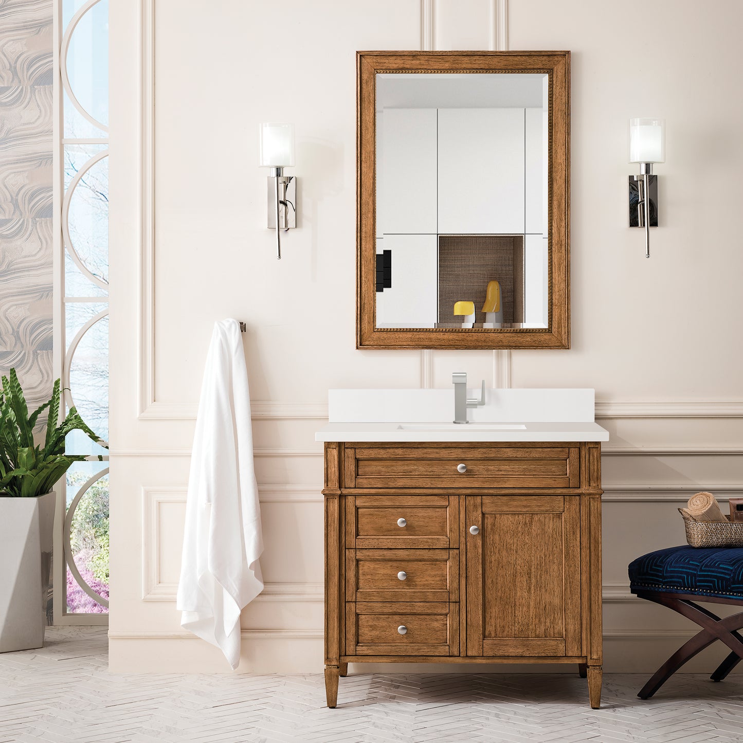 James Martin Brittany 36" Single Vanity with Single Hole 3 CM White Zeus Silestone Top & Backsplash