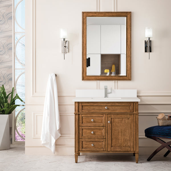 James Martin Brittany 36" Single Vanity with Single Hole 3 CM White Zeus Silestone Top & Backsplash