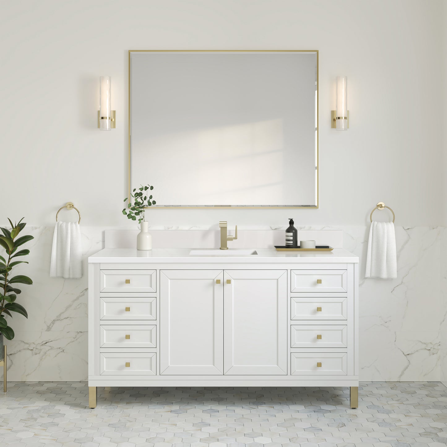 James Martin Chicago 60" Single Vanity with Single Hole 3CM White Zeus Silestone Top & Backsplash