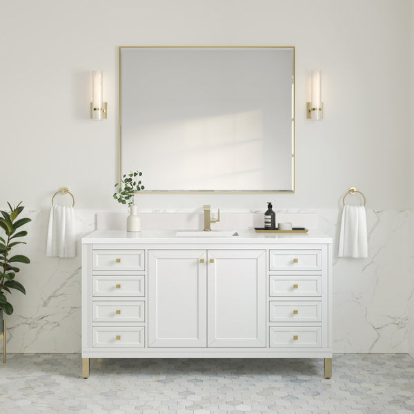 James Martin Chicago 60" Single Vanity with Single Hole 3CM White Zeus Silestone Top & Backsplash