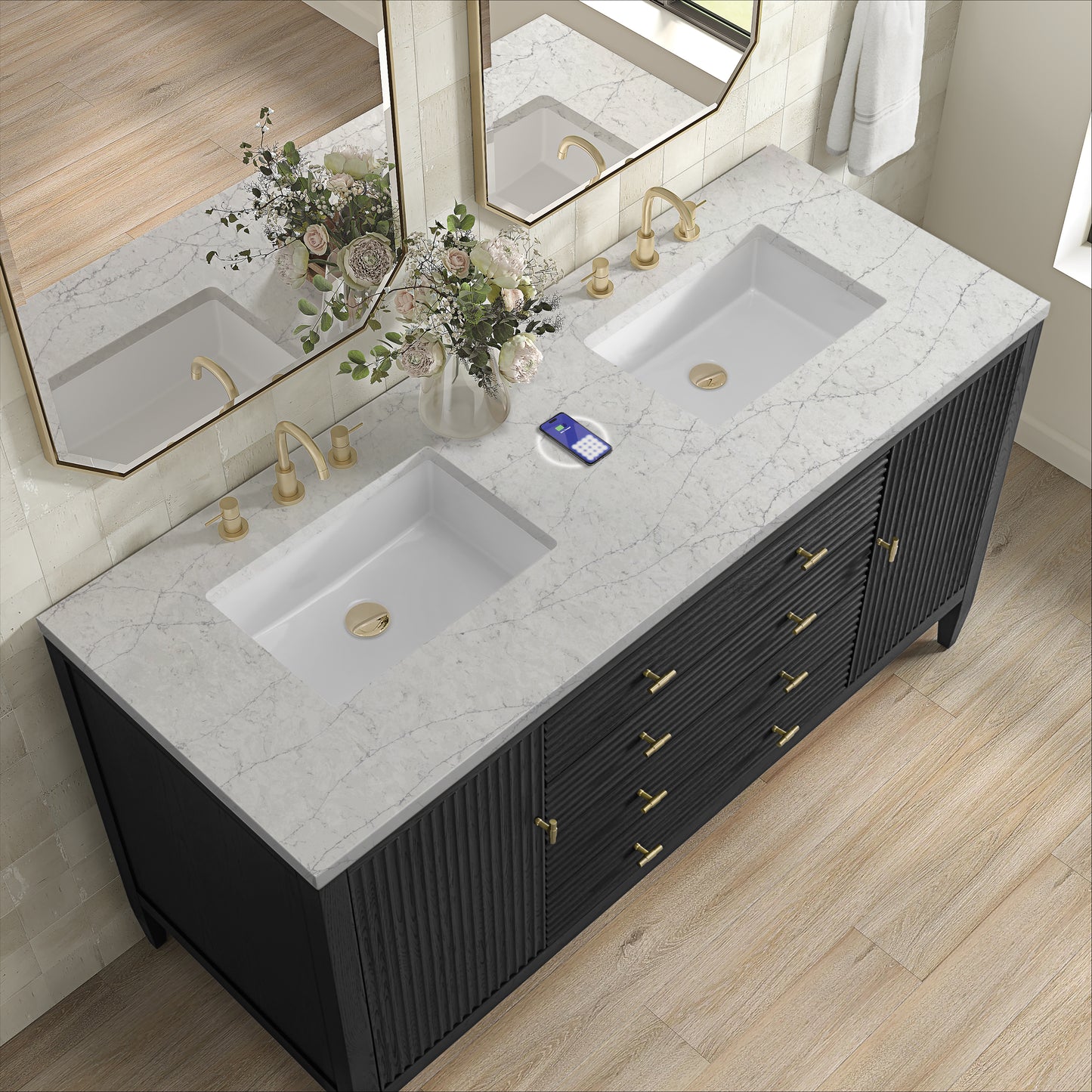 James Martin Myrrin 60" Double Vanity with 3 CM Countertop & FreePower Wireless Charger