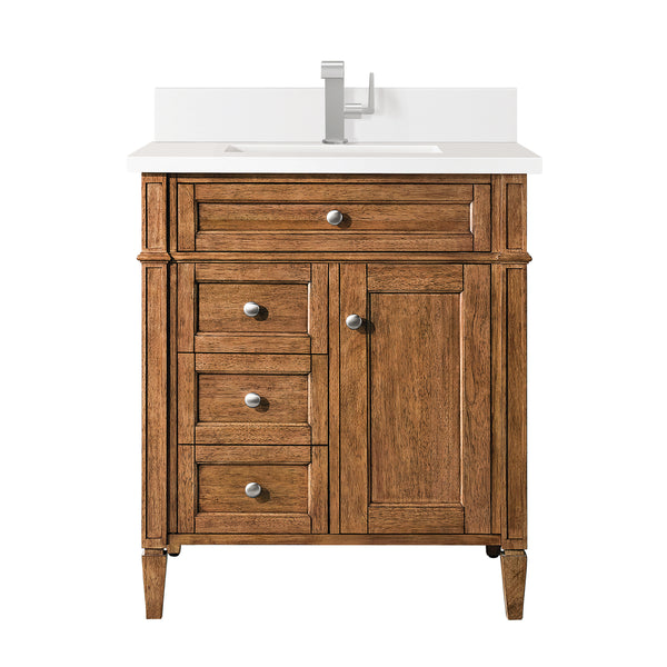 James Martin Brittany 30" Single Vanity with Single Hole 3 CM White Zeus Silestone Top & Backsplash