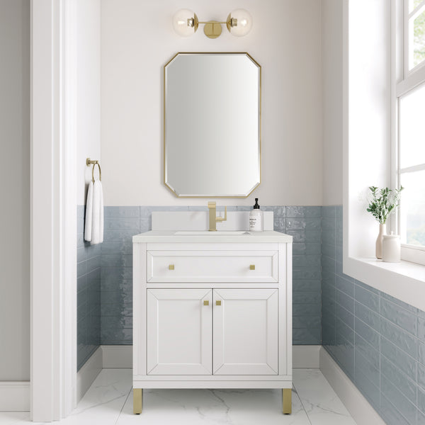 James Martin Chicago 30" Single Vanity with Single Hole 3CM White Zeus Silestone Top & Backsplash
