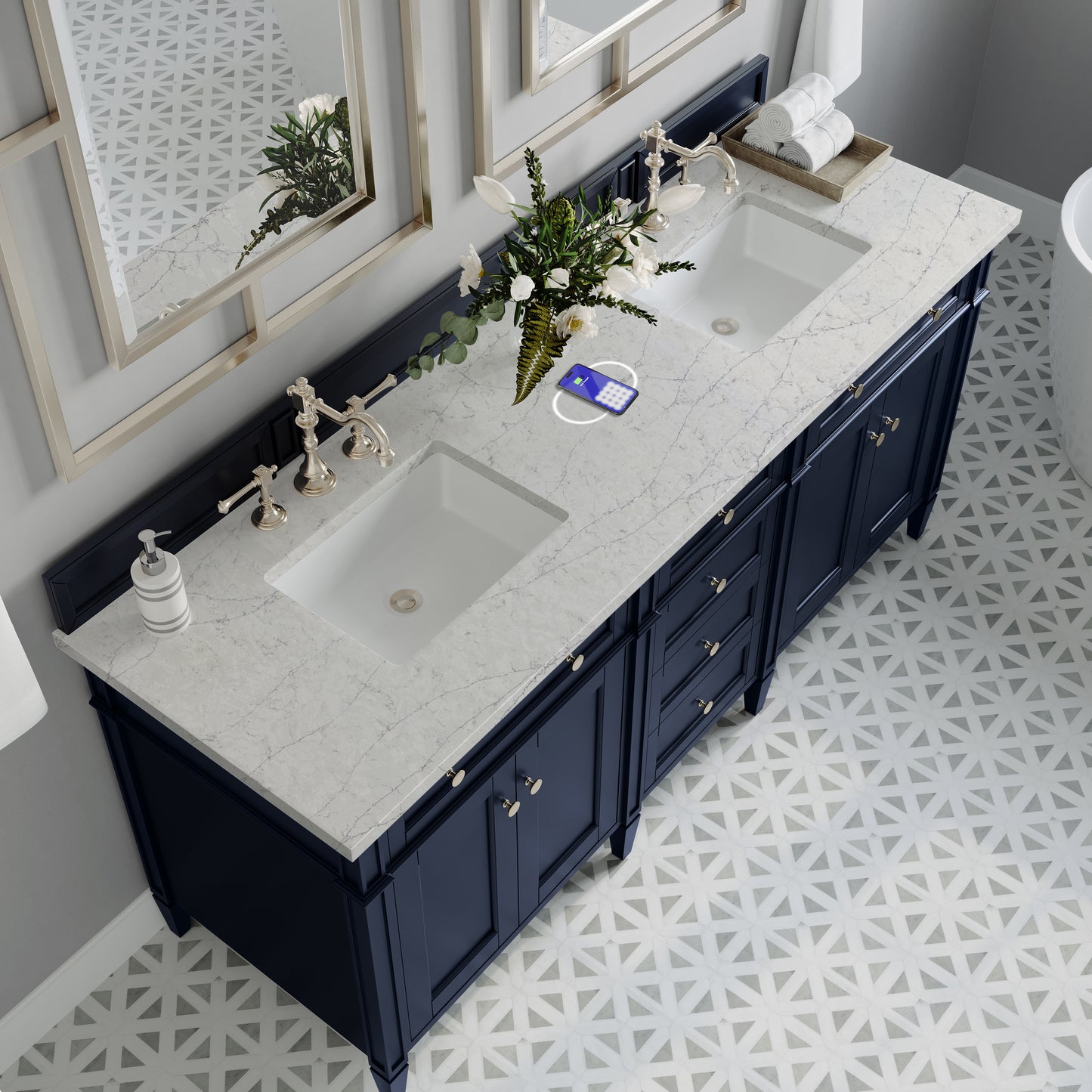 James Martin Brittany 72" Double Vanity with 3 CM Countertop & FreePower Wireless Charger