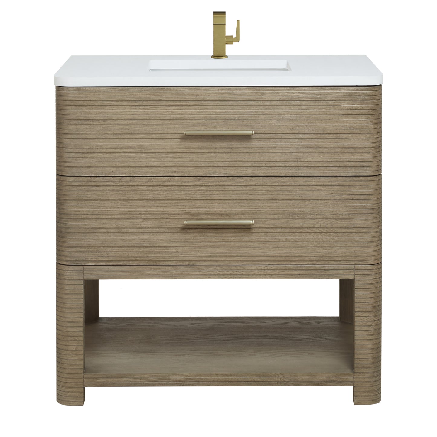 James Martin Lucian 36" Single Vanity, Pebble Oak w/ 3 CM Top - Luxe Bathroom Vanities