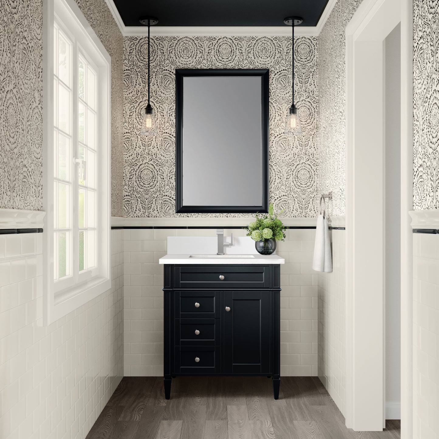 James Martin Brittany 30" Single Vanity with Single Hole 3 CM White Zeus Silestone Top & Backsplash