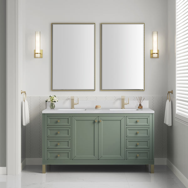James Martin Chicago 60" Double Vanity with Single Hole 3CM White Zeus Silestone Top & Backsplash