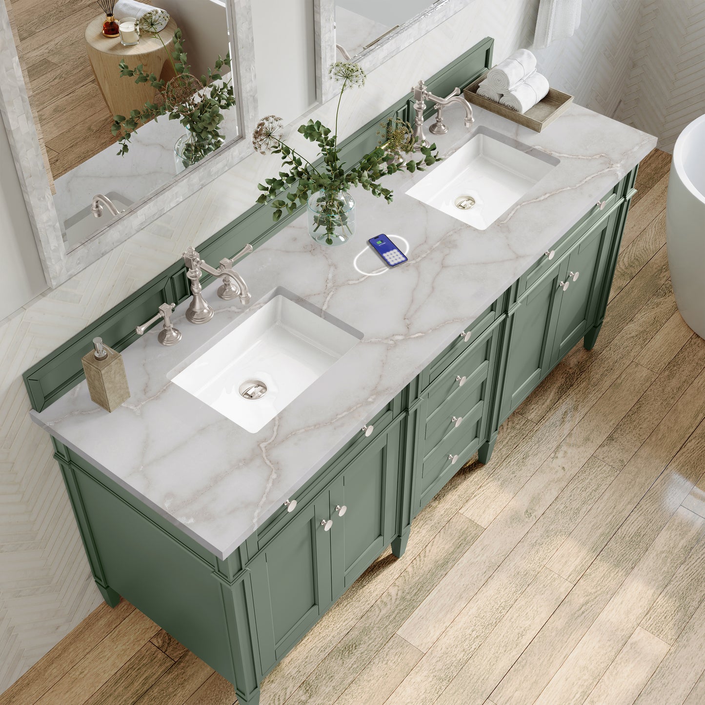 James Martin Brittany 72" Double Vanity with 3 CM Countertop & FreePower Wireless Charger