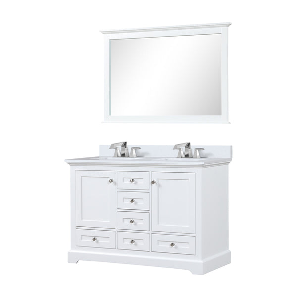 Lexora Collection Dukes 48 inch Double Bath Vanity, White Quartz Top, Faucet Set, 46 inch Mirror - Luxe Bathroom Vanities