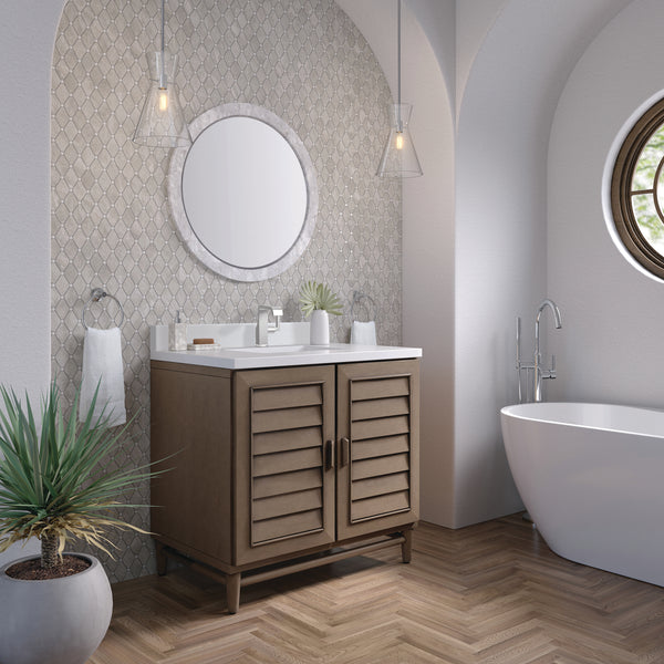 James Martin Portland 36" Single Vanity Whitewashed Walnut with Single Hole 3 CM White Zeus Silestone Top & Backsplash