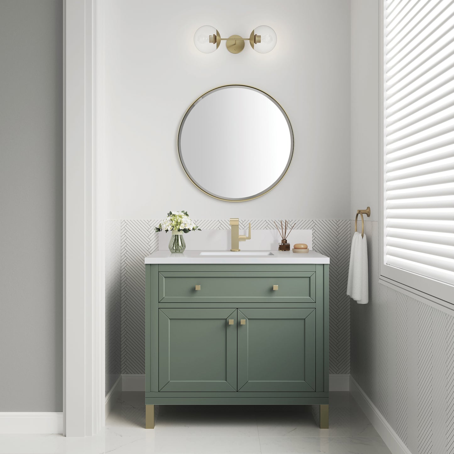 James Martin Chicago 36" Single Vanity with Single Hole 3CM White Zeus Silestone Top & Backsplash