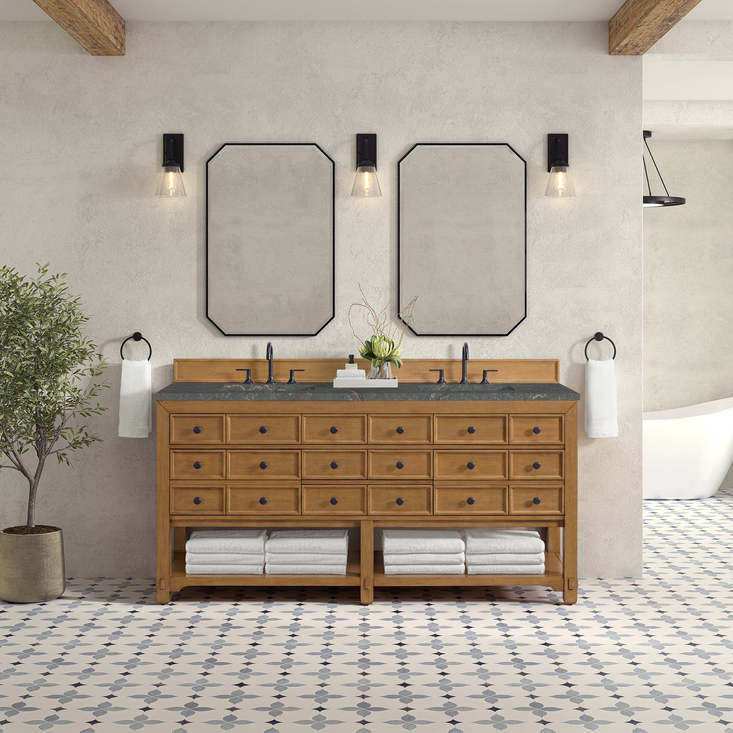 James Martin Malibu 72" Double Vanity, Amber Birch with 3 CM Countertop & FreePower Wireless Charger