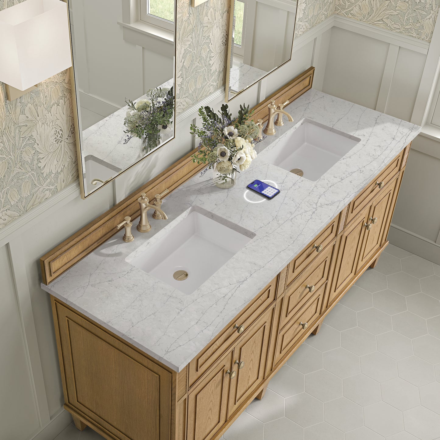James Martin Lorelai 72" Double Vanity with 3 CM Countertop & FreePower Wireless Charger
