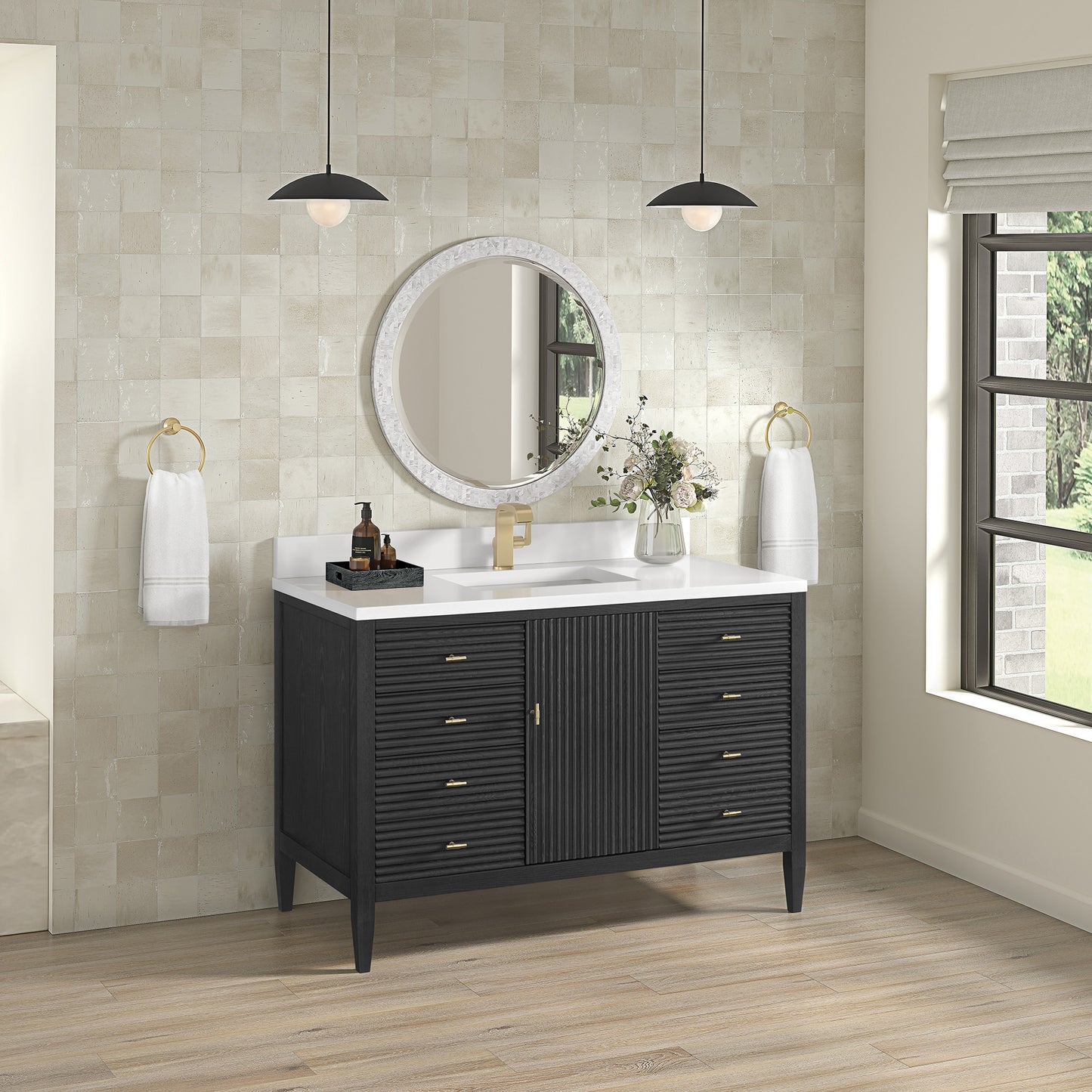 James Martin Myrrin 48" Single Vanity with Single Hole 3 CM White Zeus Silestone Top & Backsplash
