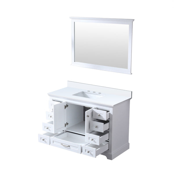 Lexora Collection Dukes 48 inch Single Bath Vanity, Cultured Marble Top, White Square Sink, and 46 inch Mirror - Luxe Bathroom Vanities