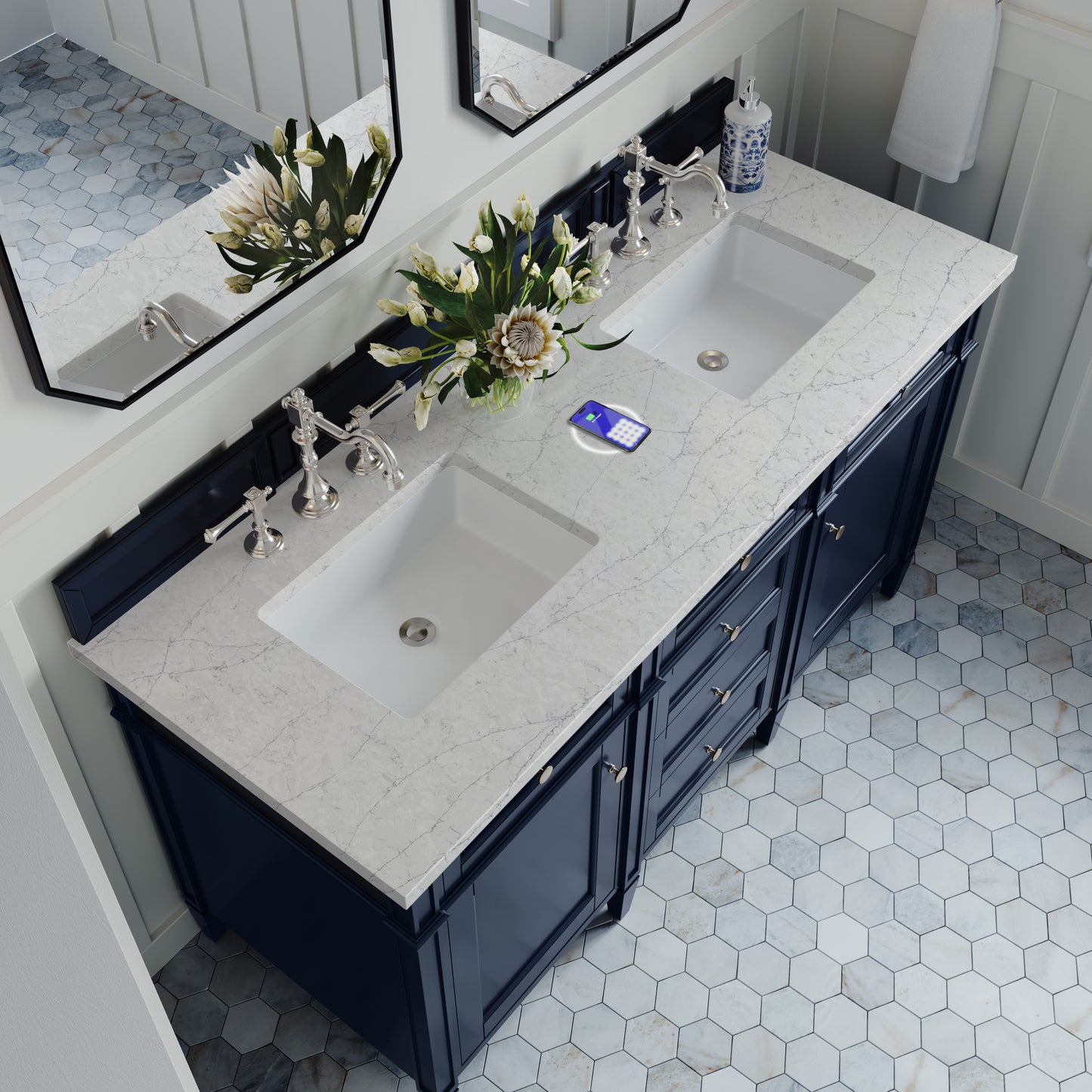 James Martin Brittany 60" Double Vanity with 3 CM Countertop & FreePower Wireless Charger