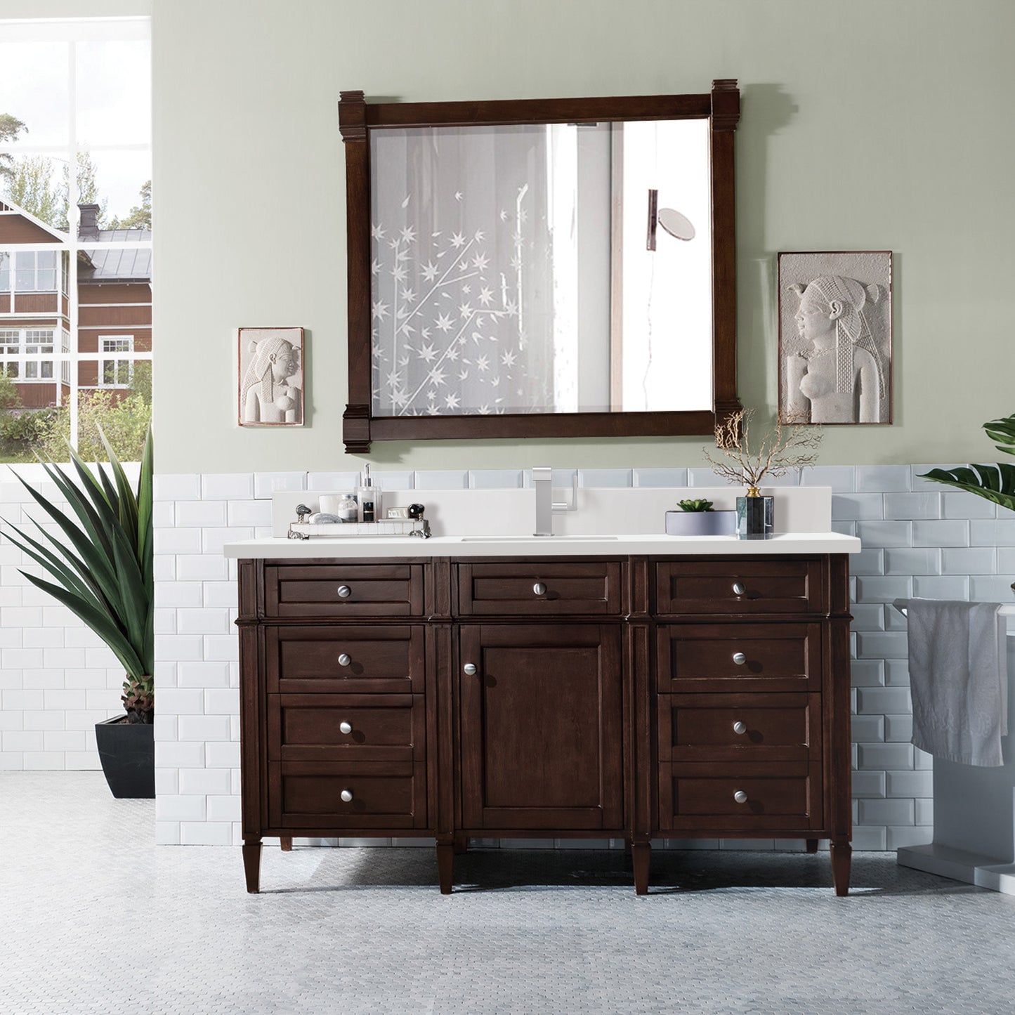 James Martin Brittany 60" Single Vanity with Single Hole 3 CM White Zeus Silestone Top & Backsplash