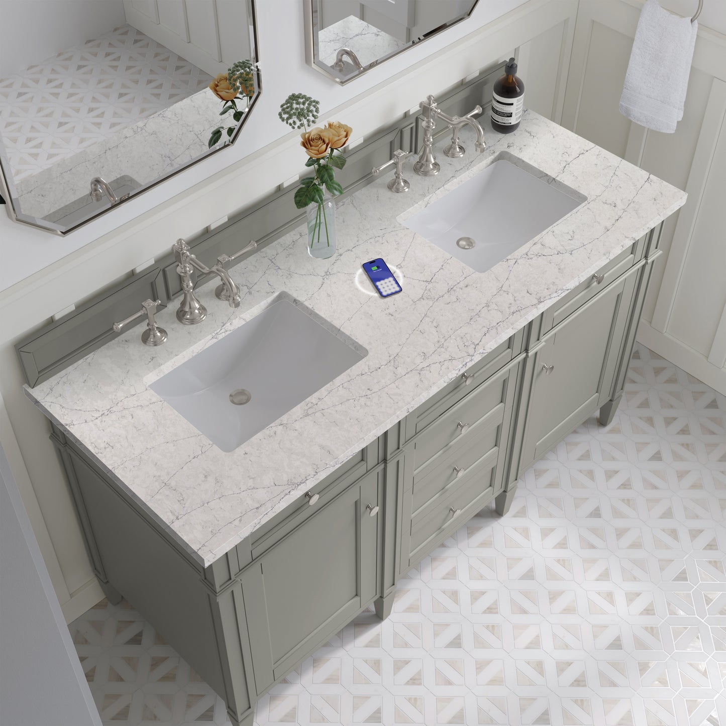 James Martin Brittany 60" Double Vanity with 3 CM Countertop & FreePower Wireless Charger