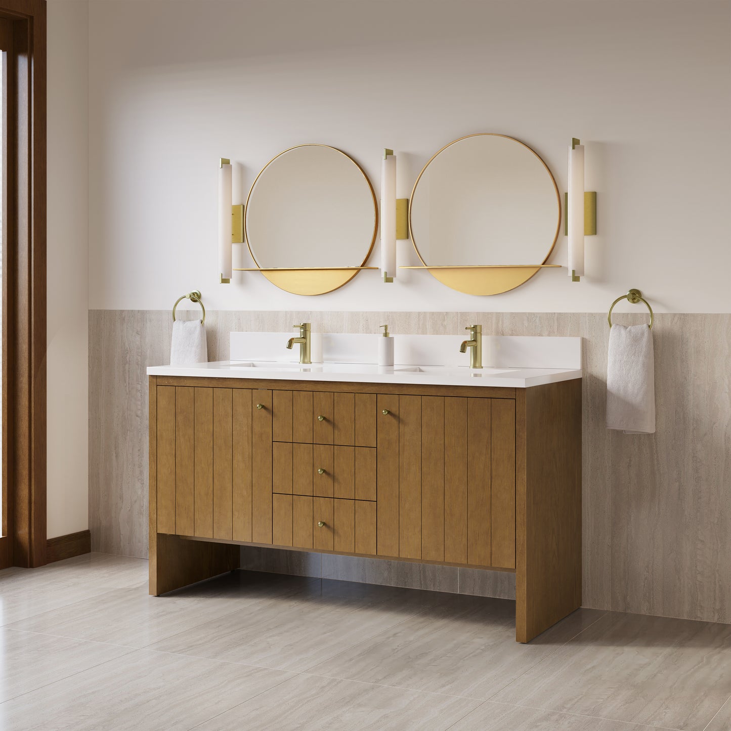 James Martin Hudson 60" Double Vanity with Single Hole 3 CM White Zeus Silestone Top and Matching Backsplash