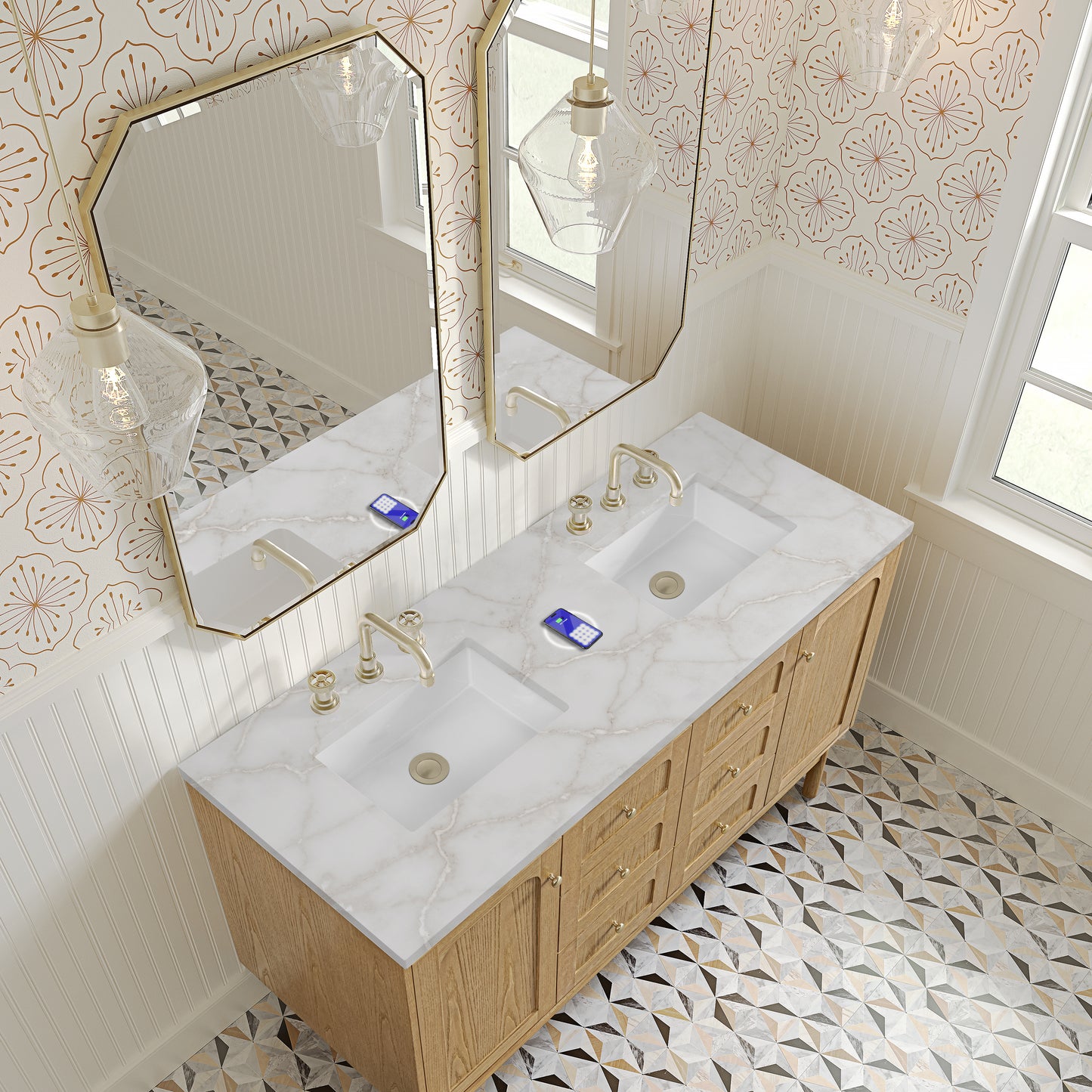 James Martin Laurent 60" Double Vanity with 3 CM Countertop & FreePower Wireless Charger
