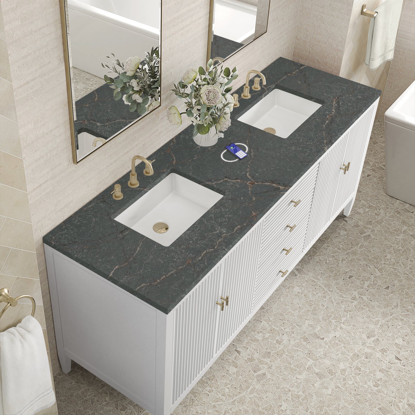 James Martin Myrrin 72" Double Vanity with 3 CM Countertop & FreePower Wireless Charger