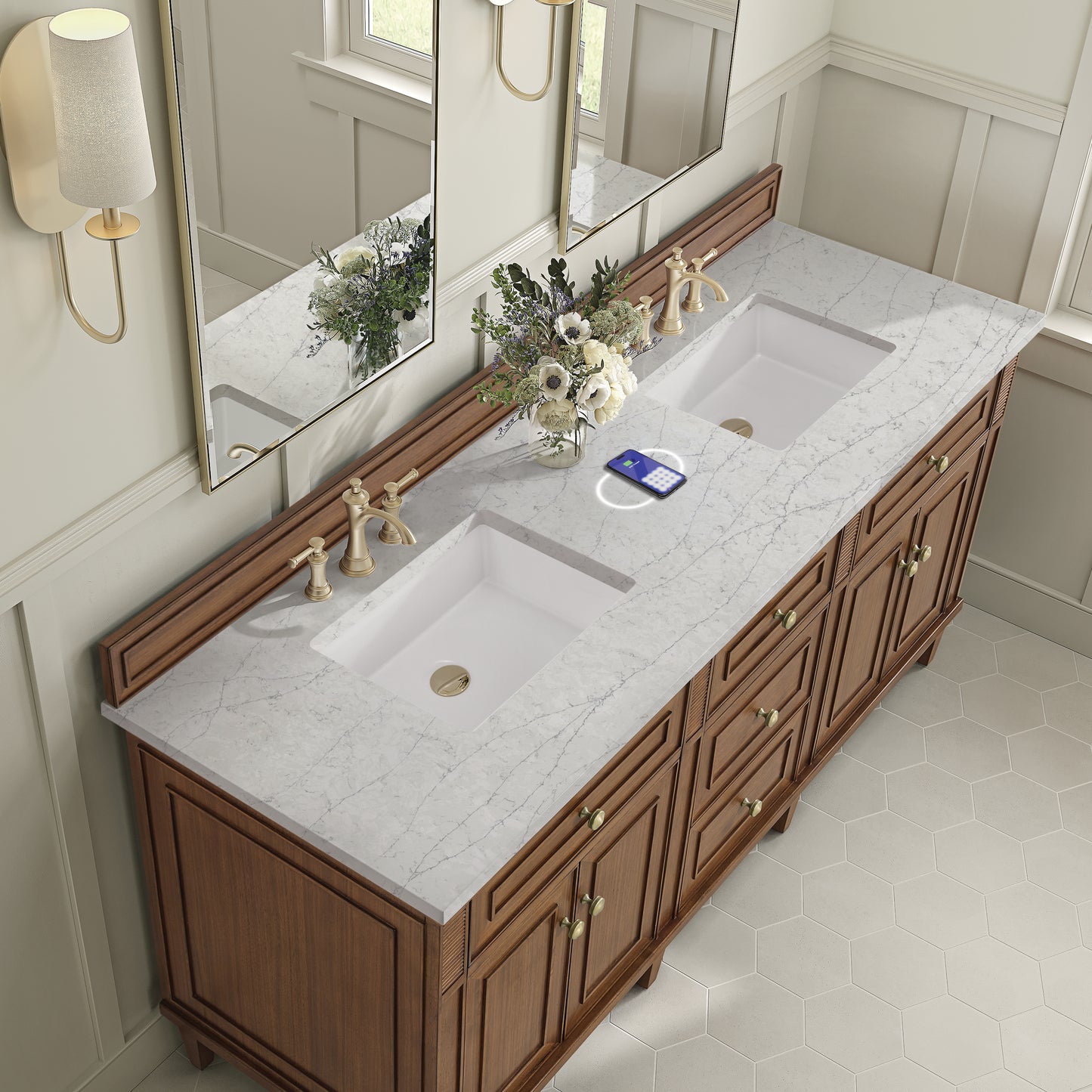 James Martin Lorelai 72" Double Vanity with 3 CM Countertop & FreePower Wireless Charger