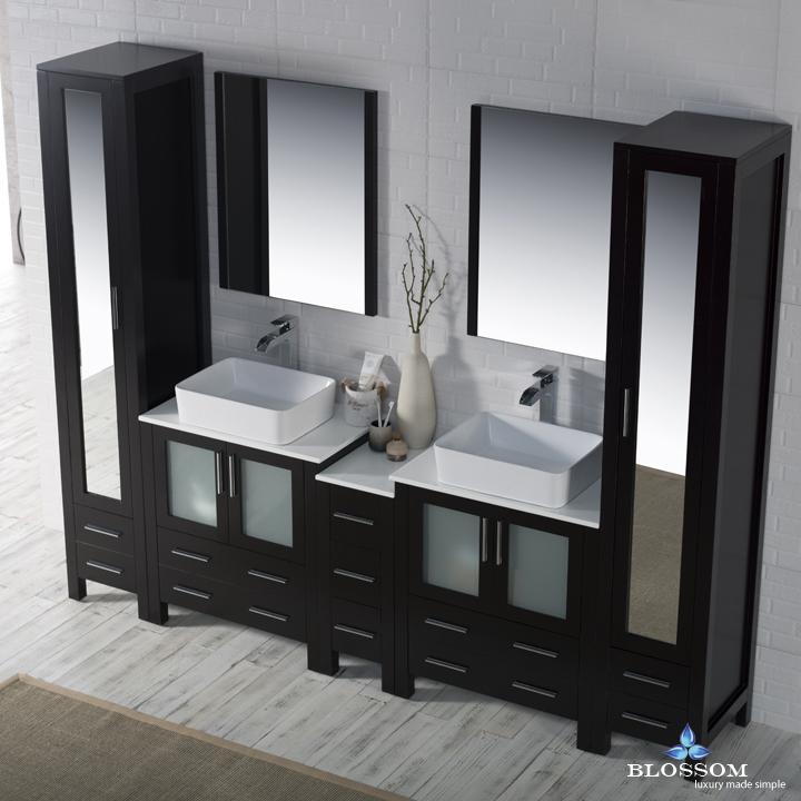 Blossom Sydney 102" w/ Vessel Sinks and Mirror Linen Cabinet - Luxe Bathroom Vanities Luxury Bathroom Fixtures Bathroom Furniture