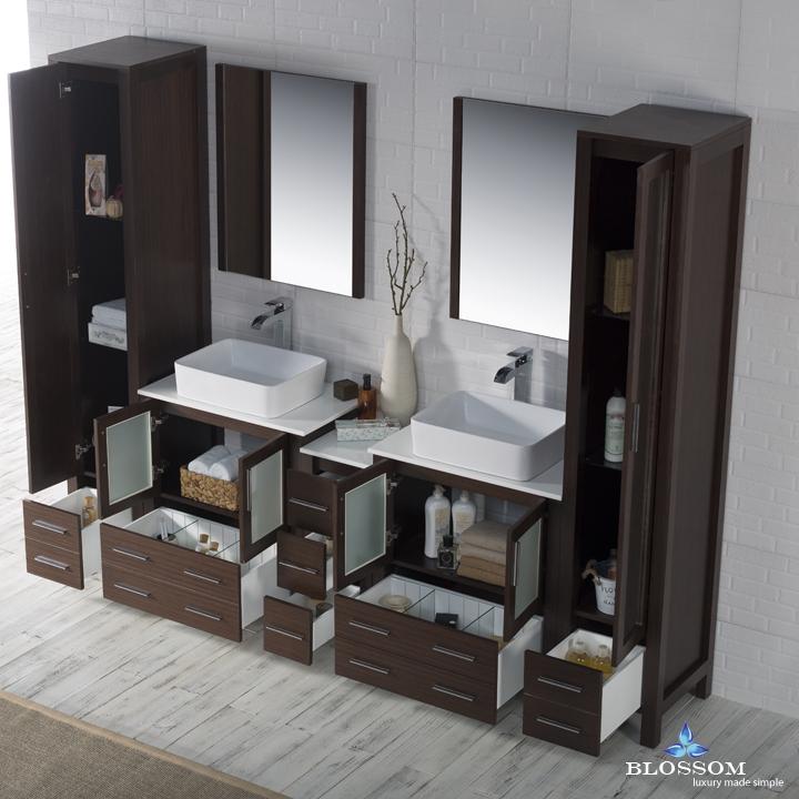 Blossom Sydney 102" w/ Vessel Sinks and Mirror Linen Cabinet - Luxe Bathroom Vanities Luxury Bathroom Fixtures Bathroom Furniture