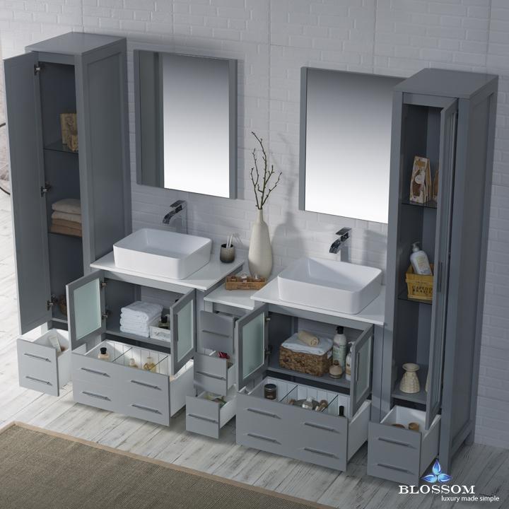 Blossom Sydney 102" w/ Vessel Sinks and Mirror Linen Cabinet - Luxe Bathroom Vanities Luxury Bathroom Fixtures Bathroom Furniture