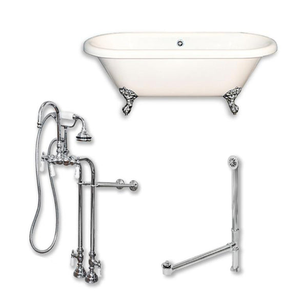 Acrylic Double Ended Clawfoot Bathtub 60" X 30" with no Faucet Drillings and Complete Brushed Nickel Plumbing Package - Luxe Bathroom Vanities