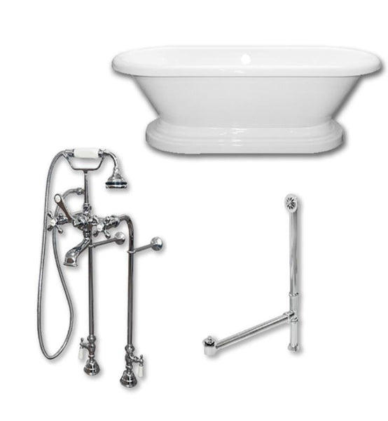 Acrylic Double Ended Pedestal Bathtub 60" X 30" with no Faucet Drillings and Complete Brushed NIckel Plumbing Package - Luxe Bathroom Vanities