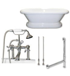 Acrylic Double Ended Pedestal Bathtub 60" X 30" with 7 inch Deck Mount Faucet Drillings and Complete Brushed Nickel Plumbing Package - Luxe Bathroom Vanities