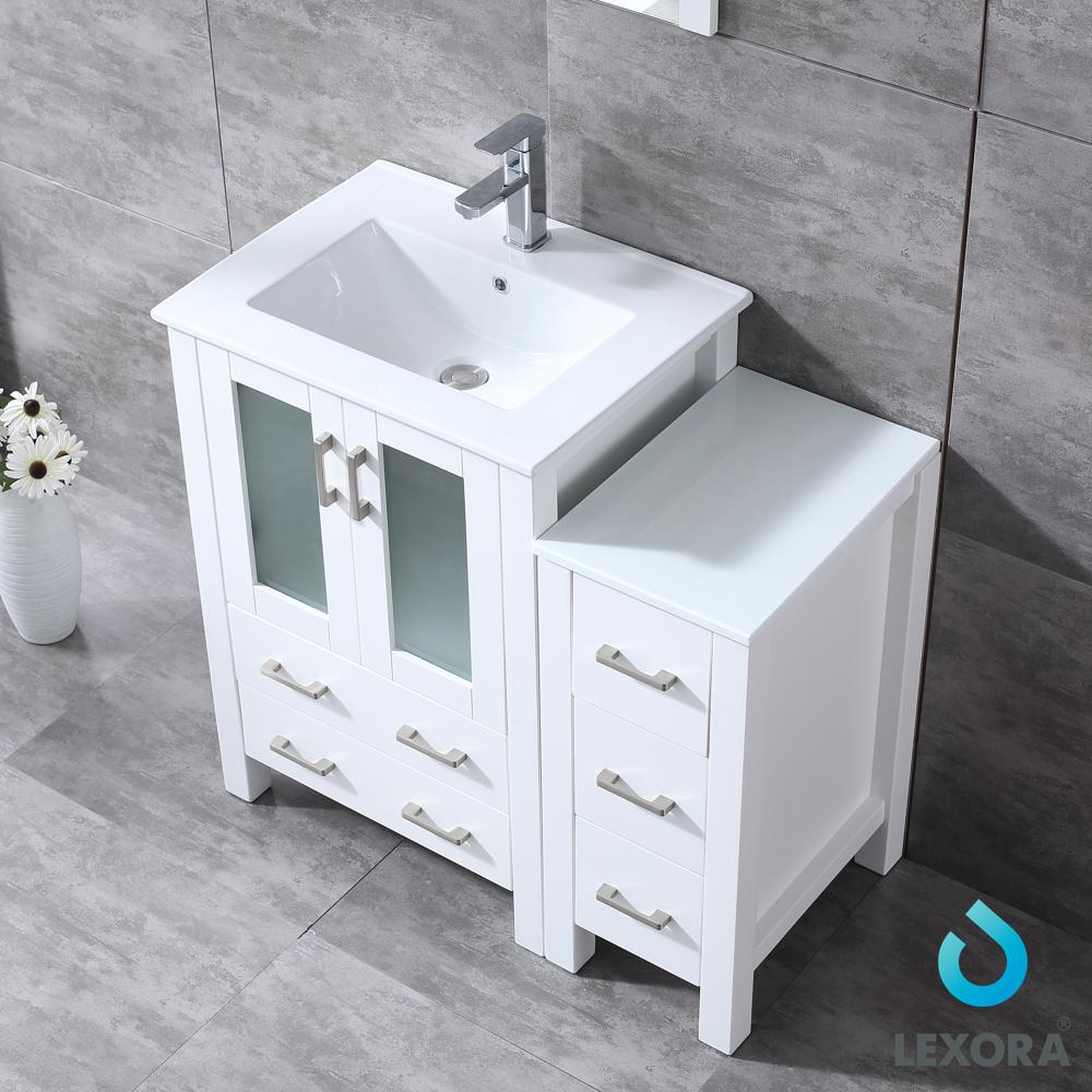 Volez 36" White Single Vanity w/ Side Cabinet, Integrated Top, White Integrated Square Sink and 22" Mirror - Luxe Bathroom Vanities Luxury Bathroom Fixtures Bathroom Furniture