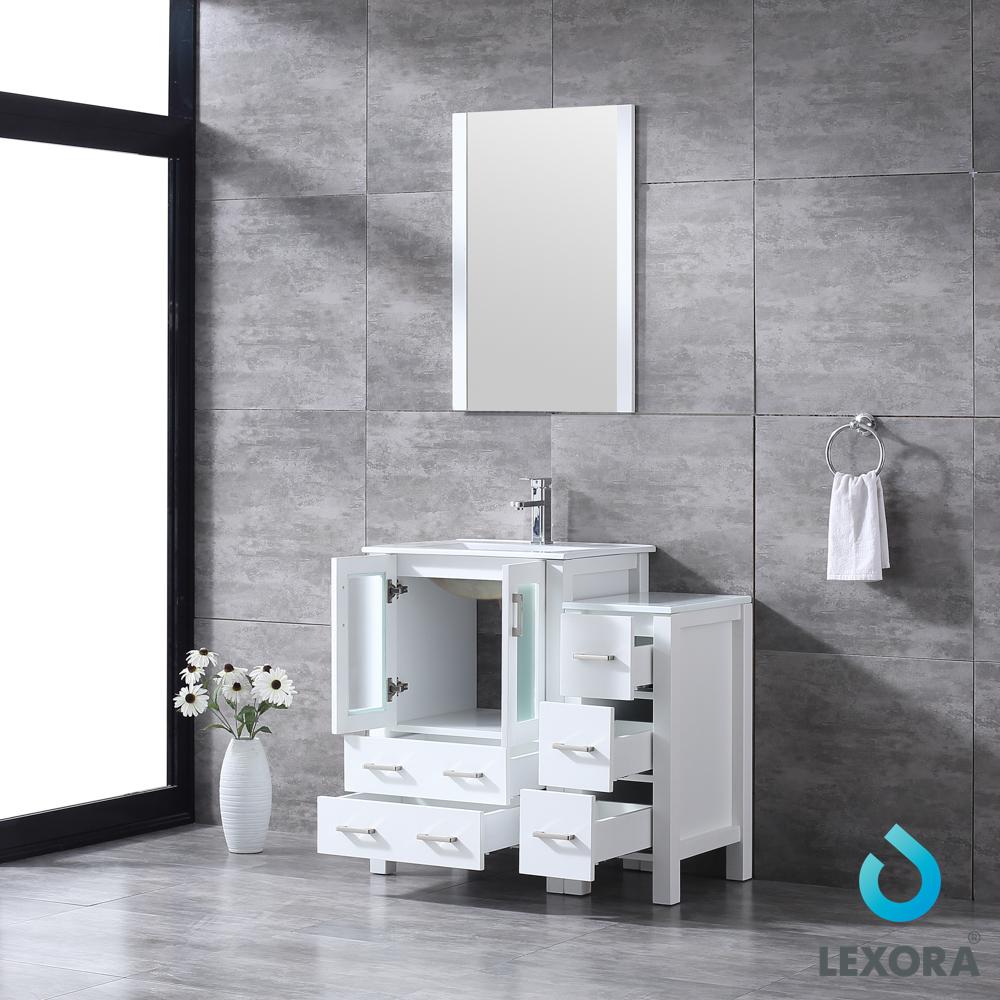 Volez 36" White Single Vanity w/ Side Cabinet, Integrated Top, White Integrated Square Sink and 22" Mirror - Luxe Bathroom Vanities Luxury Bathroom Fixtures Bathroom Furniture