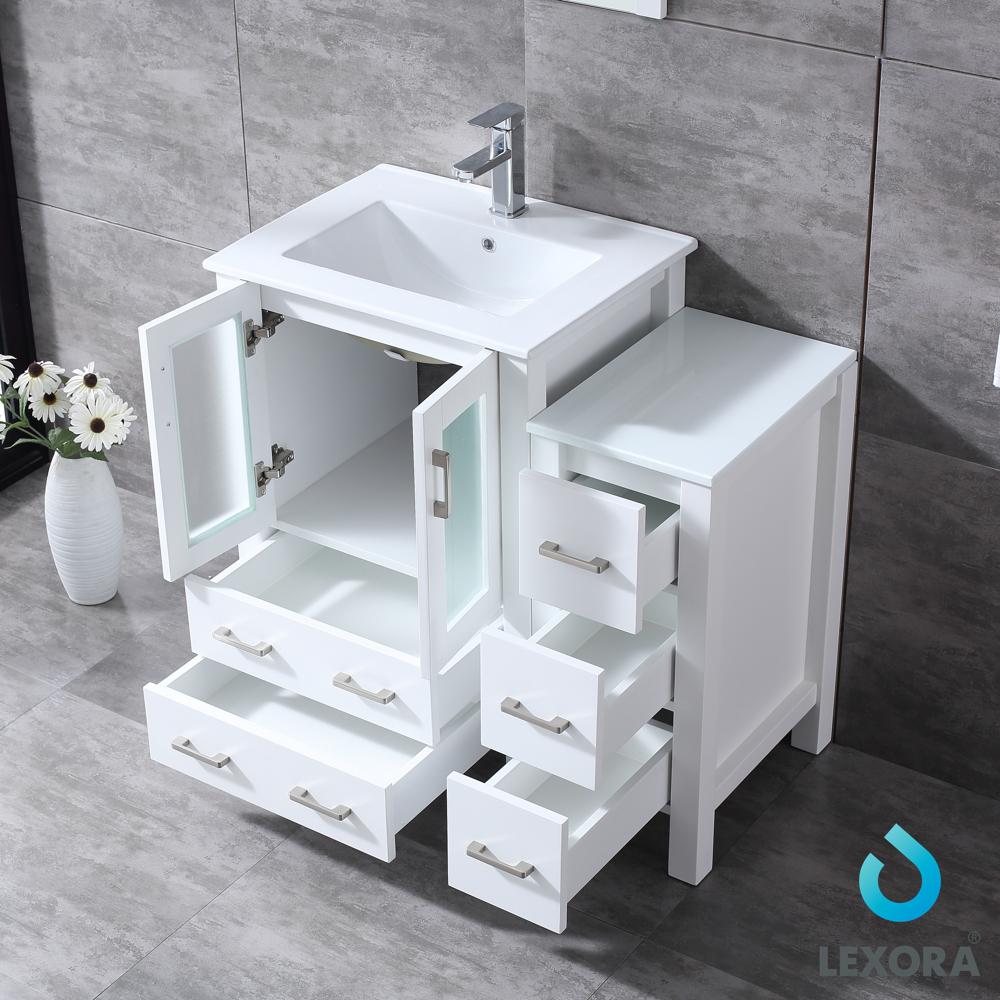 Volez 36" White Single Vanity w/ Side Cabinet, Integrated Top, White Integrated Square Sink and 22" Mirror - Luxe Bathroom Vanities Luxury Bathroom Fixtures Bathroom Furniture