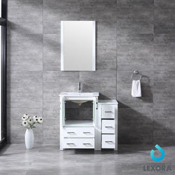 Volez 36" White Single Vanity w/ Side Cabinet, Integrated Top, White Integrated Square Sink and 22" Mirror - Luxe Bathroom Vanities Luxury Bathroom Fixtures Bathroom Furniture
