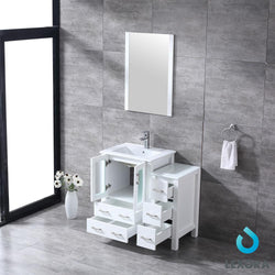 Volez 36" White Single Vanity w/ Side Cabinet, Integrated Top, White Integrated Square Sink and 22" Mirror - Luxe Bathroom Vanities Luxury Bathroom Fixtures Bathroom Furniture