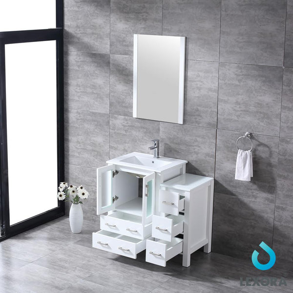 Volez 36" White Single Vanity w/ Side Cabinet, Integrated Top, White Integrated Square Sink and 22" Mirror - Luxe Bathroom Vanities Luxury Bathroom Fixtures Bathroom Furniture