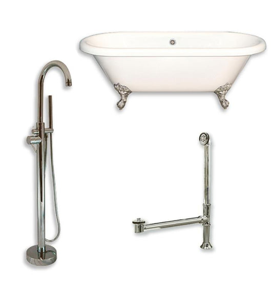 Acrylic Double Ended Clawfoot Bathtub 60" X 30" with no Faucet Drillings and Complete Brushed Nickel Plumbing Package - Luxe Bathroom Vanities