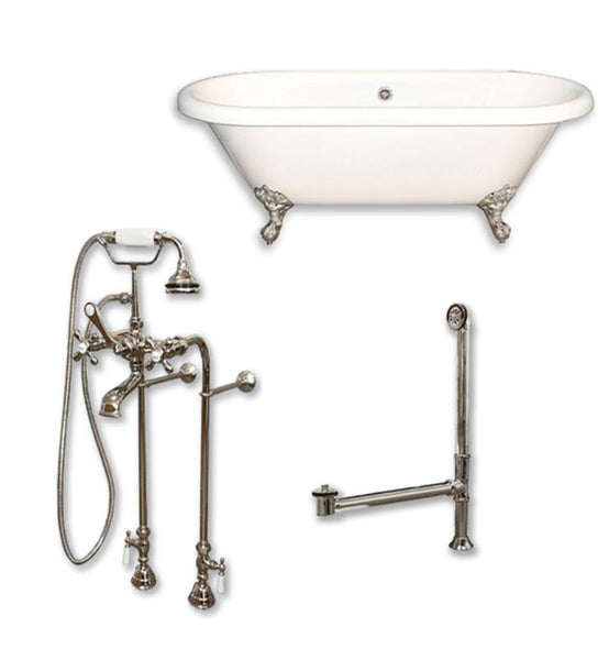 Acrylic Double Ended Clawfoot Bathtub 60" X 30" with no Faucet Drillings and Complete Brushed Nickel Plumbing Package - Luxe Bathroom Vanities