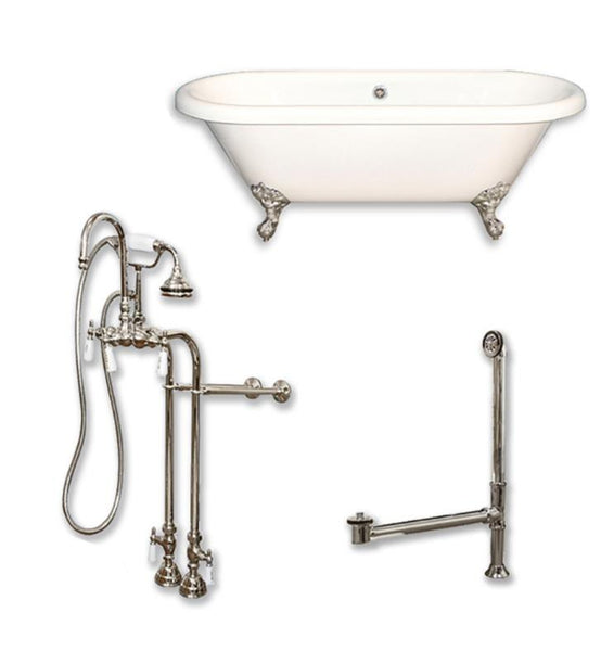 Acrylic Double Ended Clawfoot Bathtub 60" X 30" with no Faucet Drillings and Complete Brushed Nickel Plumbing Package - Luxe Bathroom Vanities