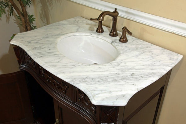 34.6 In. Single Sink Vanity Wood Walnut Carrara White Marble - Luxe Bathroom Vanities