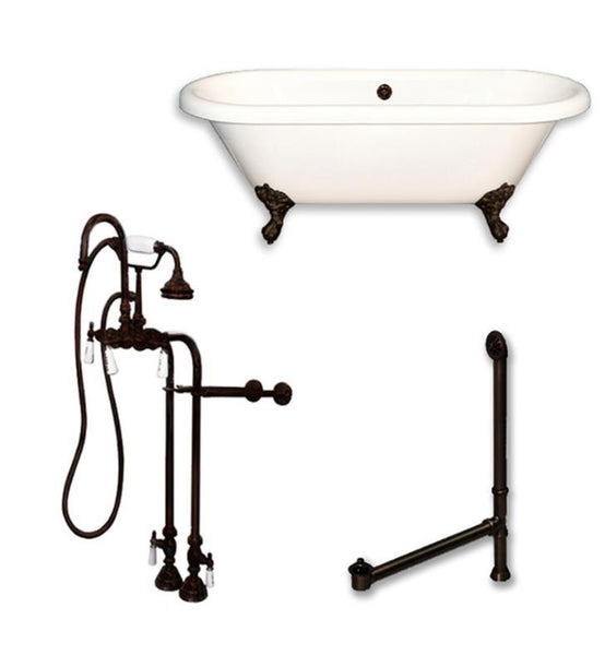 Acrylic Double Ended Clawfoot Bathtub 60" X 30" with no Faucet Drillings and Complete Brushed Nickel Plumbing Package - Luxe Bathroom Vanities