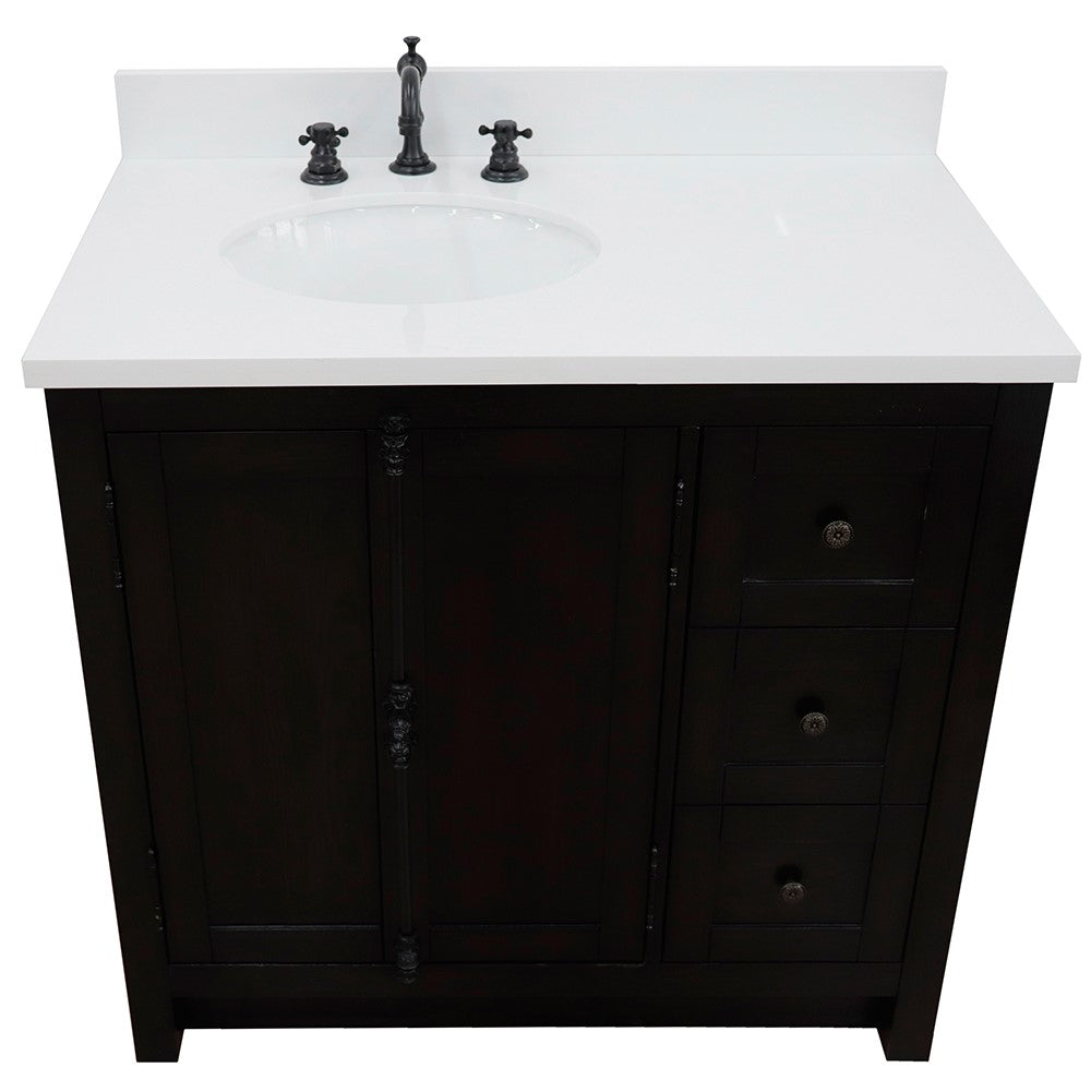 Bellaterra Home 37" Single vanity in Brown Ash finish with Black galaxy top and oval sink - Left doors/Left sink - Luxe Bathroom Vanities