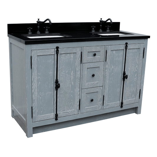 BellaTerra Plantation 55" Double vanity in Brown Ash finish with Black Galaxy top and rectangle sink - Luxe Bathroom Vanities