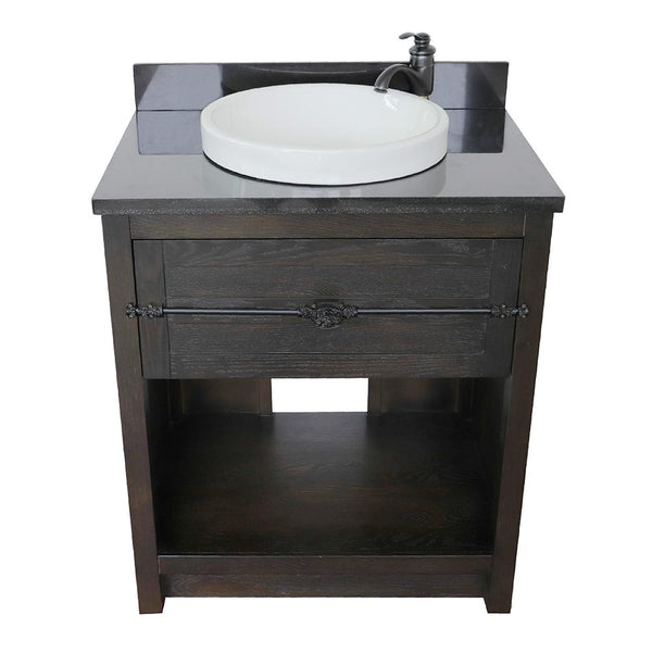 31" Single Vanity In Brown Ash Finish Top With Black Galaxy And Round Sink - Luxe Bathroom Vanities