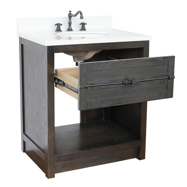 31" Single Vanity In Brown Ash Finish Top With White Quartz And Oval Sink - Luxe Bathroom Vanities