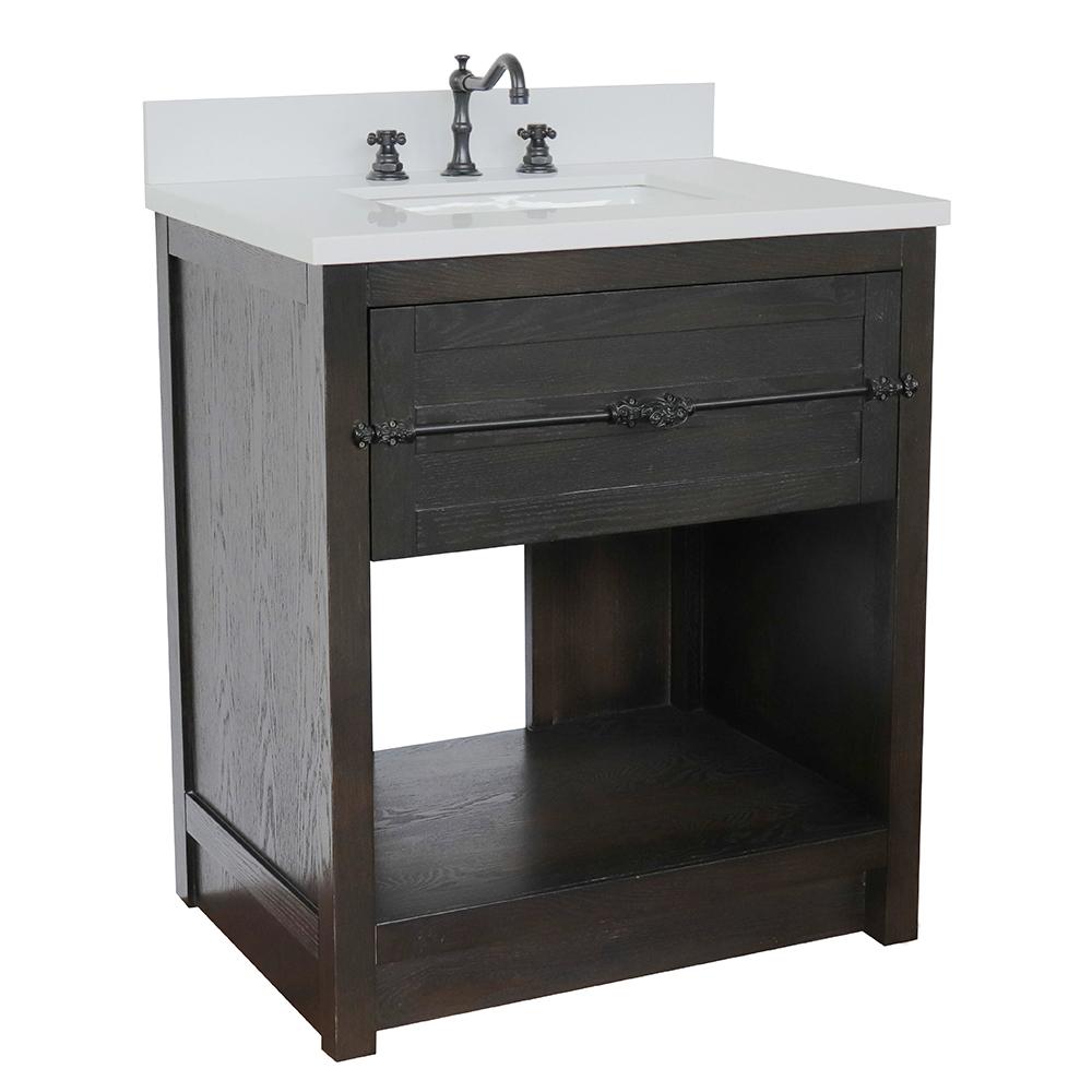 31" Single Vanity In Brown Ash Finish Top With White Quartz And Rectangle Sink - Luxe Bathroom Vanities